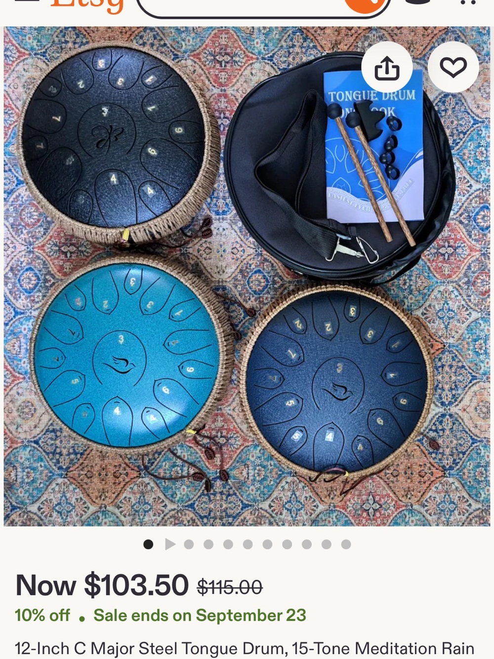 NEW 12-Inch Steel Tongue Drum in Teal and Black with the song book and bag